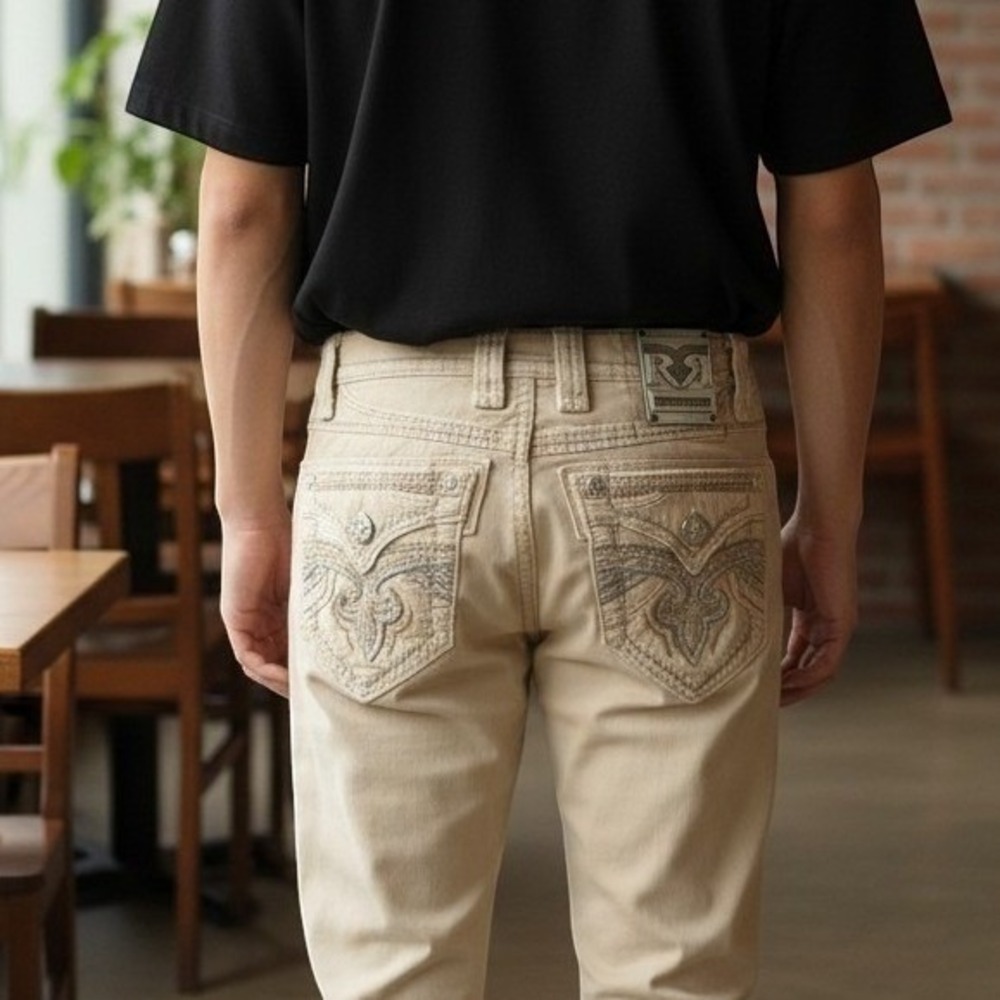 Rock Revival Butterum Slim Taper Cream Jeans Men XS 27x28 Low Rise Gothic